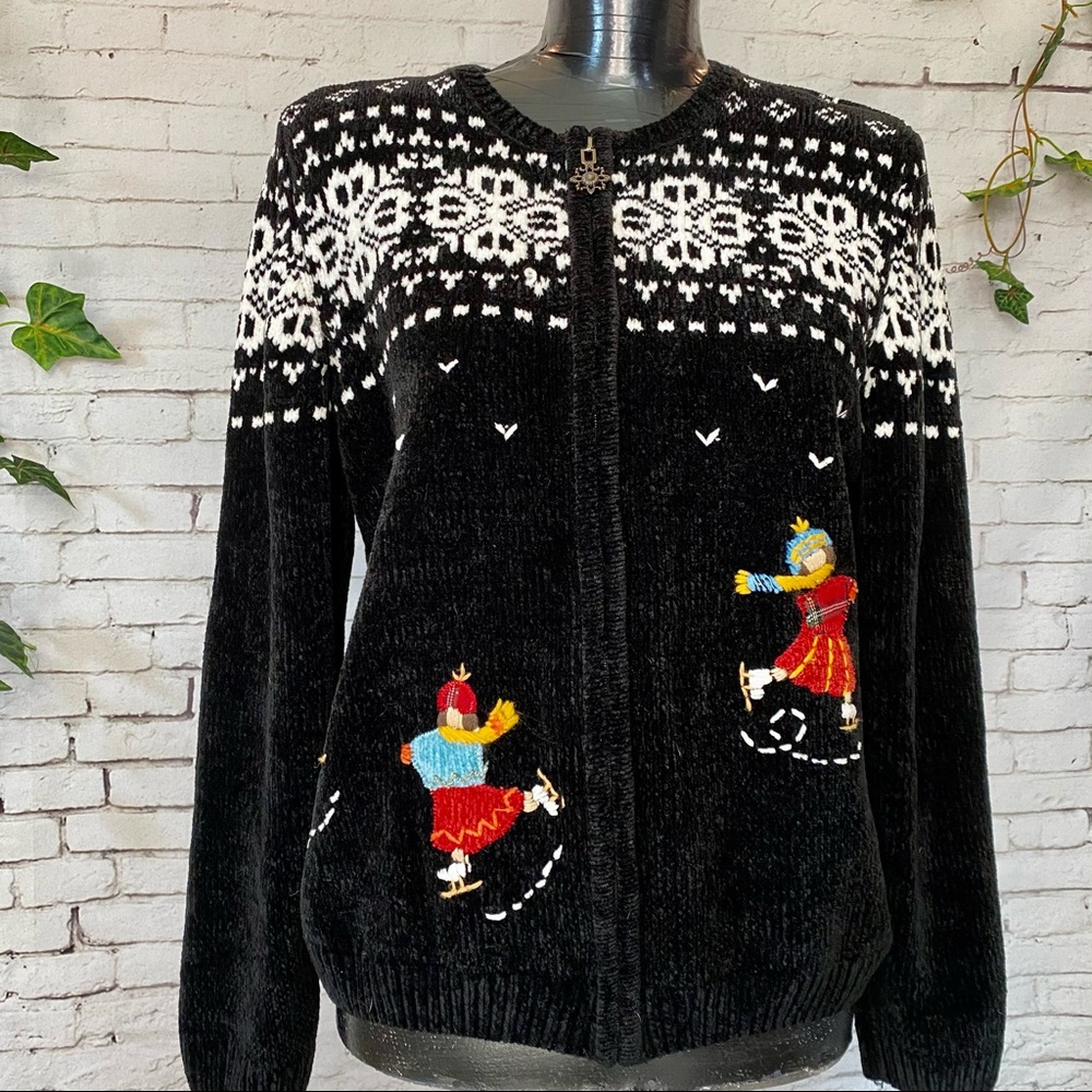 Ugly Christmas Sweater Fair Isle Ice Skating Vintage Stitched Woven Cardigan
